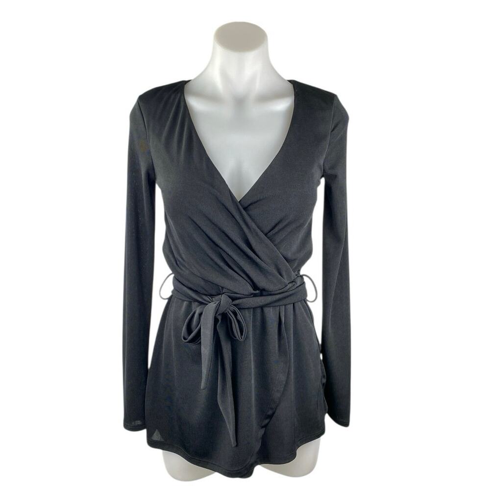 NEW Miss Selfridge Black Long Sleeve V Neck Tie Waist Wrap Jumpsuit Romper Sz 2